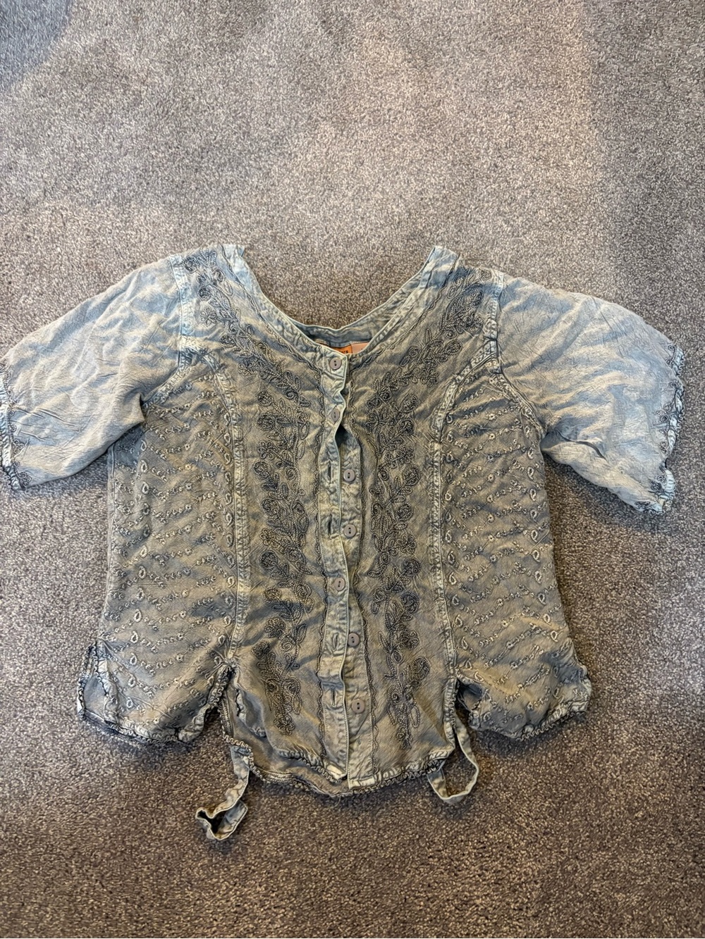 Agan Traders Boho Light Washed Blue Embroidered Button-Up Top w/ Tie Back- Large